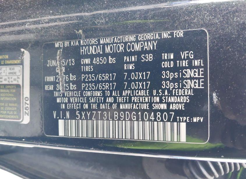 Photo 9 of 2013 Hyundai Santa FE SPORT (VIN 5XYZT3LB9DG104807)