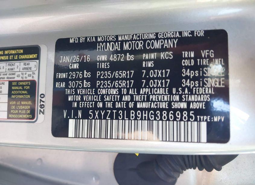 Photo 9 of 2017 Hyundai Santa FE SPORT 2.4L (VIN 5XYZT3LB9HG386985)