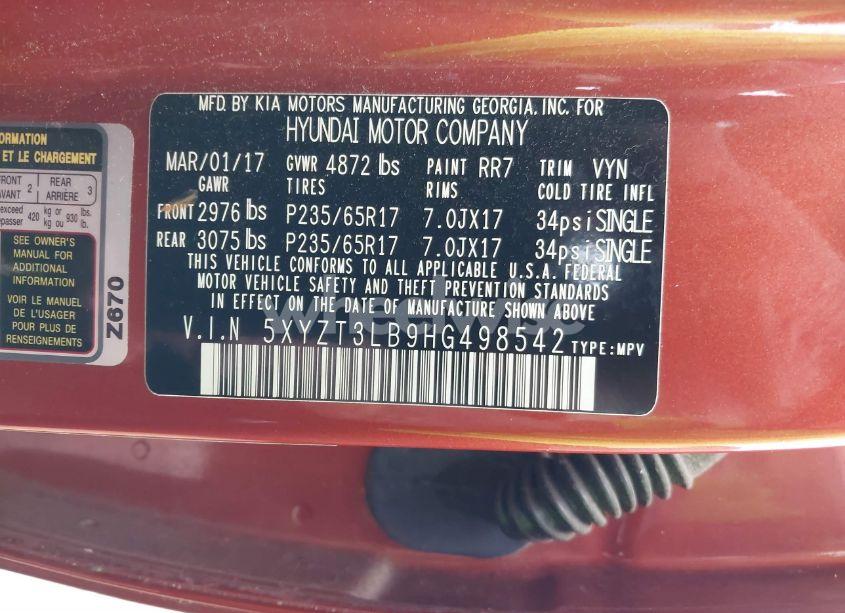 Photo 9 of 2017 Hyundai Santa FE SPORT 2.4L (VIN 5XYZT3LB9HG498542)