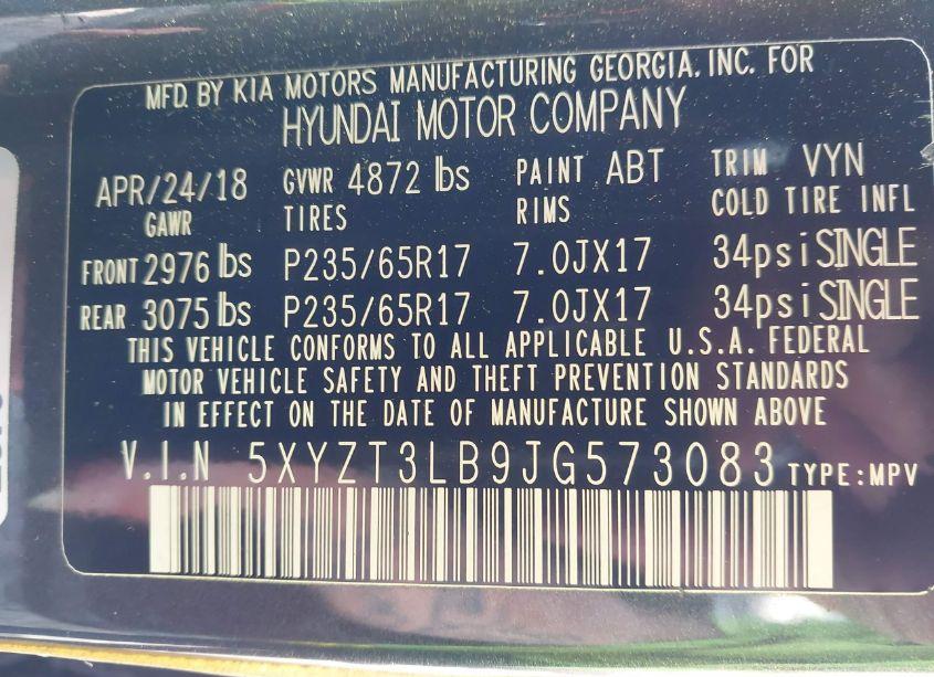 Photo 9 of 2018 Hyundai Santa FE SPORT 2.4L (VIN 5XYZT3LB9JG573083)