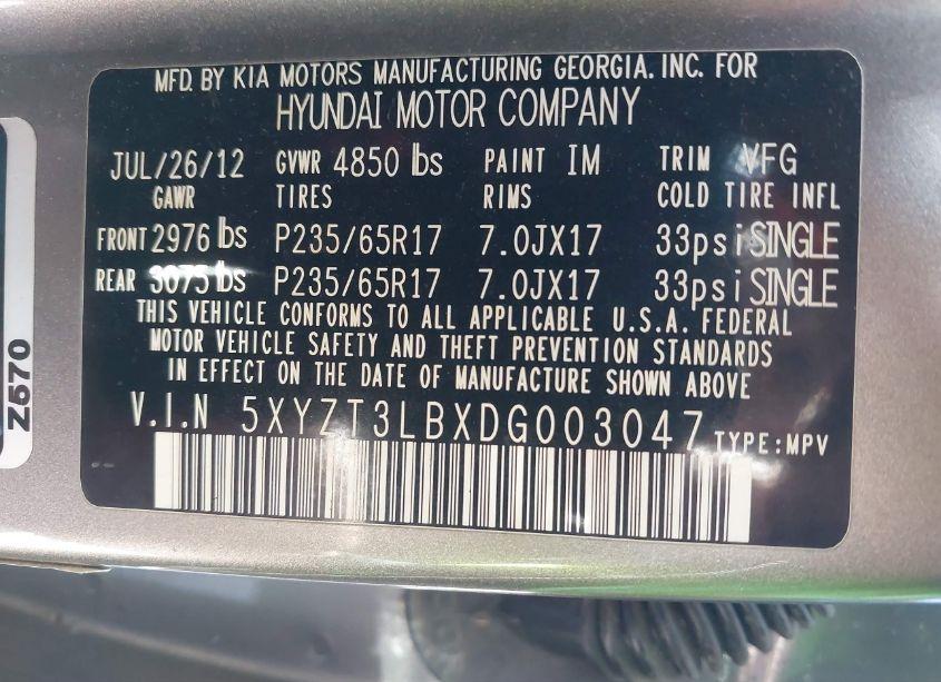 Photo 9 of 2013 Hyundai Santa FE SPORT (VIN 5XYZT3LBXDG003047)