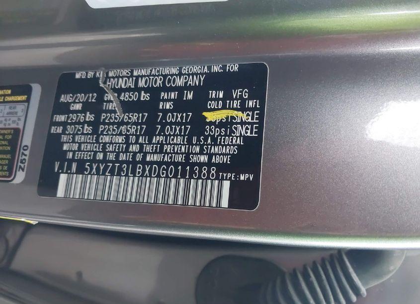 Photo 9 of 2013 Hyundai Santa FE SPORT (VIN 5XYZT3LBXDG011388)