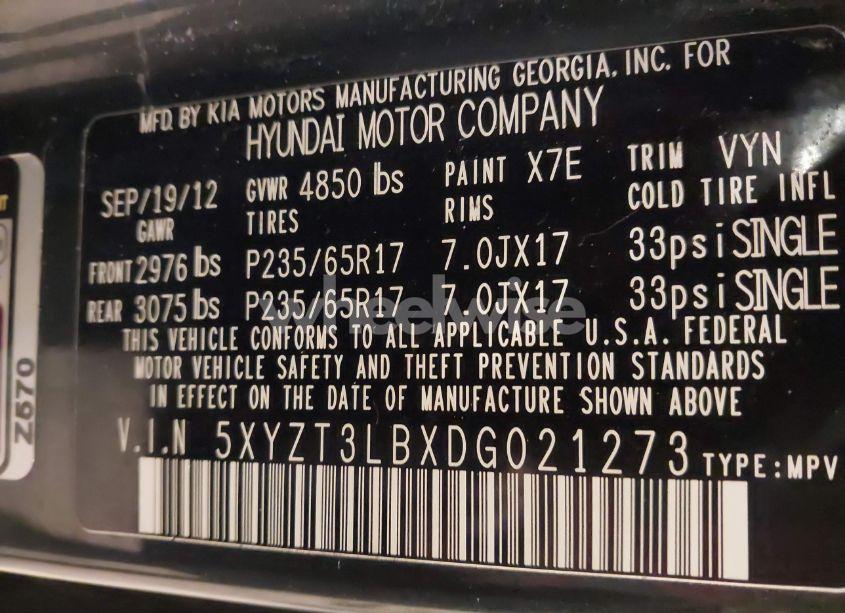 Photo 9 of 2013 Hyundai Santa FE SPORT (VIN 5XYZT3LBXDG021273)