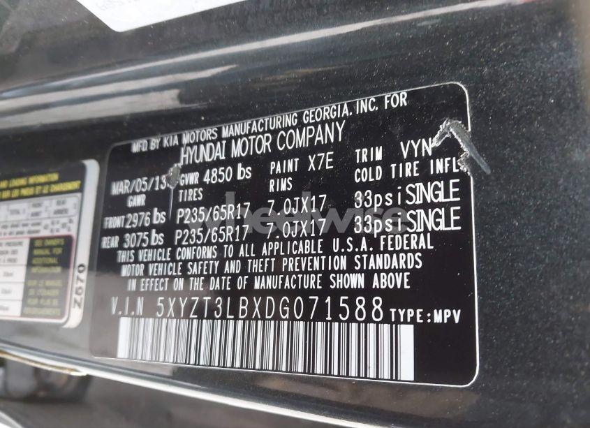 Photo 9 of 2013 Hyundai Santa FE SPORT (VIN 5XYZT3LBXDG071588)