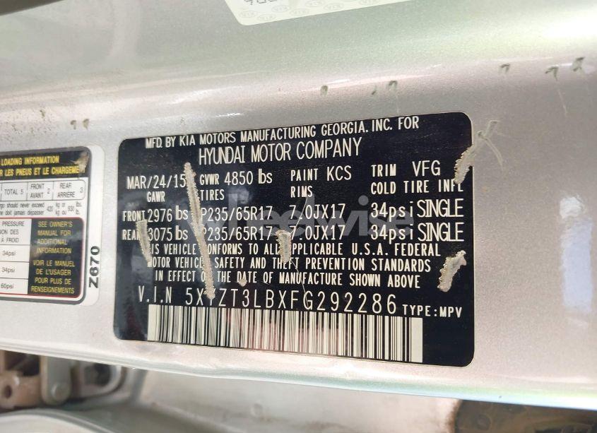 Photo 9 of 2015 Hyundai Santa FE SPORT 2.4L (VIN 5XYZT3LBXFG292286)