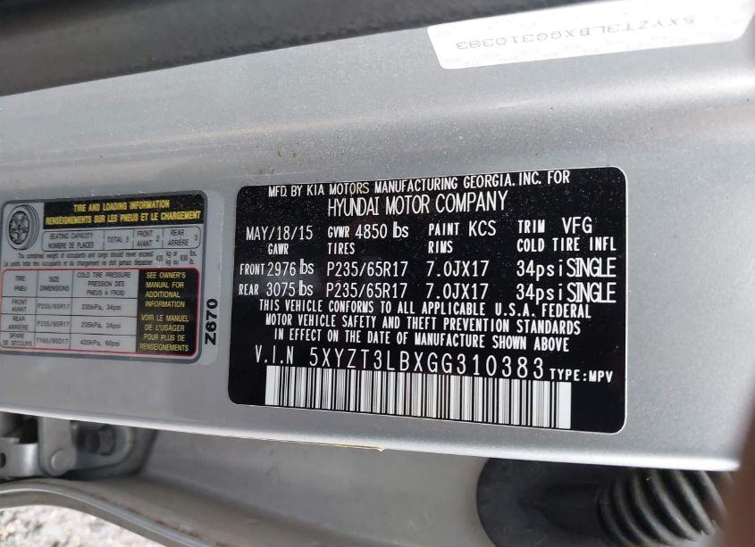 Photo 9 of 2016 Hyundai Santa FE SPORT 2.4L (VIN 5XYZT3LBXGG310383)