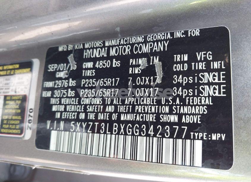 Photo 9 of 2016 Hyundai Santa FE SPORT 2.4L (VIN 5XYZT3LBXGG342377)