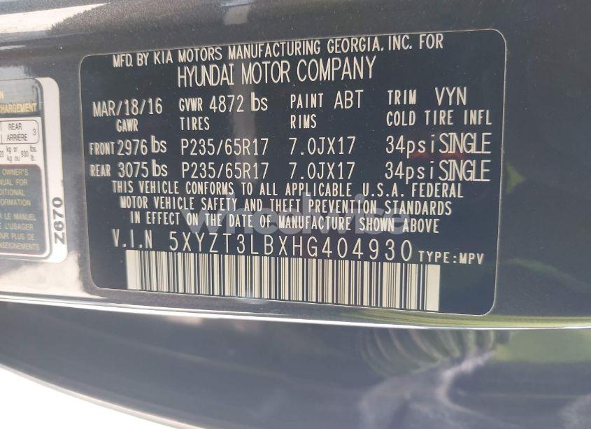 Photo 9 of 2017 Hyundai Santa FE SPORT 2.4L (VIN 5XYZT3LBXHG404930)