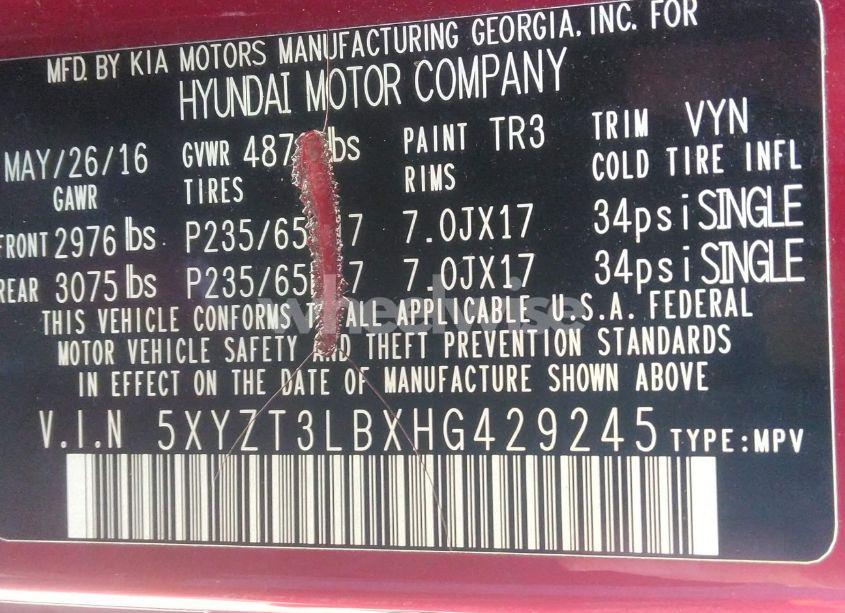 Photo 9 of 2017 Hyundai Santa FE SPORT 2.4L (VIN 5XYZT3LBXHG429245)