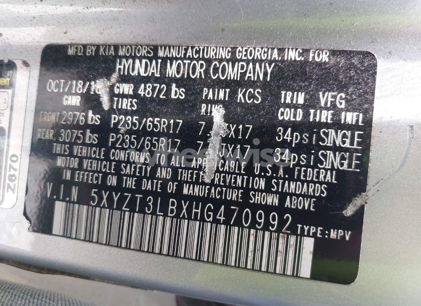 Photo 9 of 2017 Hyundai Santa FE SPORT 2.4L (VIN 5XYZT3LBXHG470992)