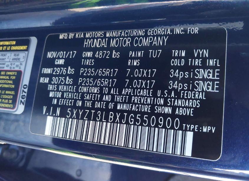 Photo 9 of 2018 Hyundai Santa FE SPORT 2.4L (VIN 5XYZT3LBXJG550900)