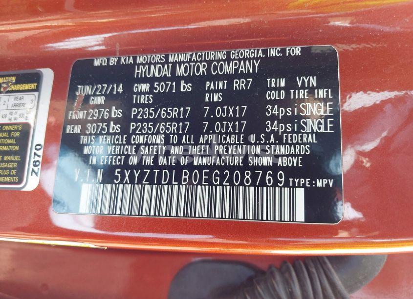 Photo 9 of 2014 Hyundai Santa FE SPORT 2.4L (VIN 5XYZTDLB0EG208769)