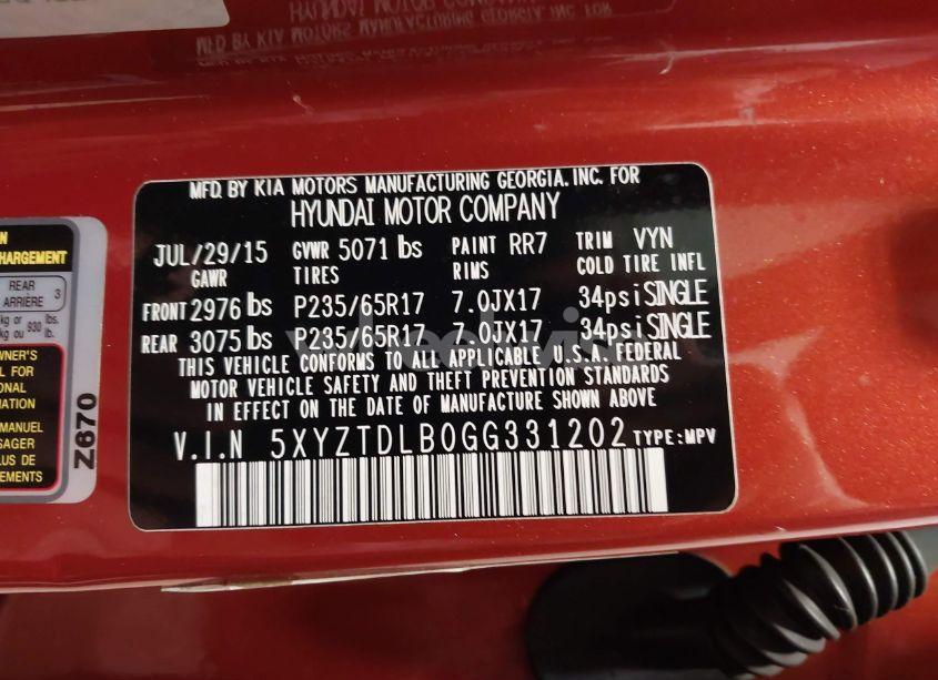 Photo 9 of 2016 Hyundai Santa FE SPORT 2.4L (VIN 5XYZTDLB0GG331202)