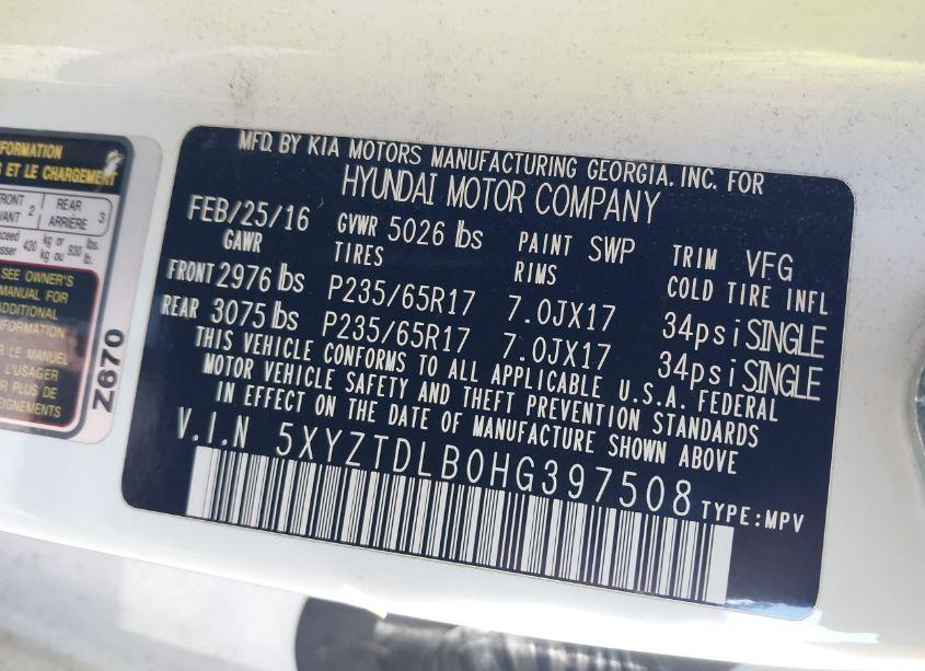 Photo 9 of 2017 Hyundai Santa FE SPORT 2.4L (VIN 5XYZTDLB0HG397508)