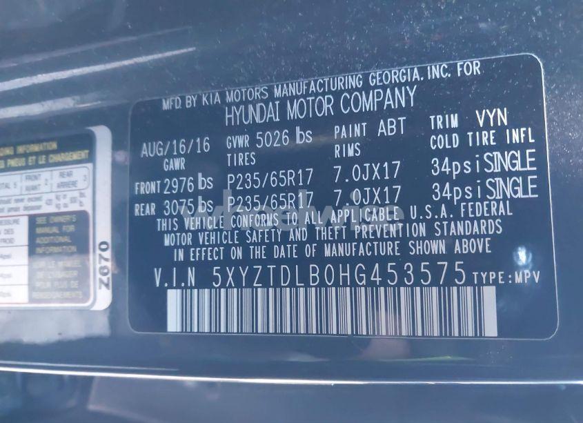 Photo 9 of 2017 Hyundai Santa FE SPORT 2.4L (VIN 5XYZTDLB0HG453575)