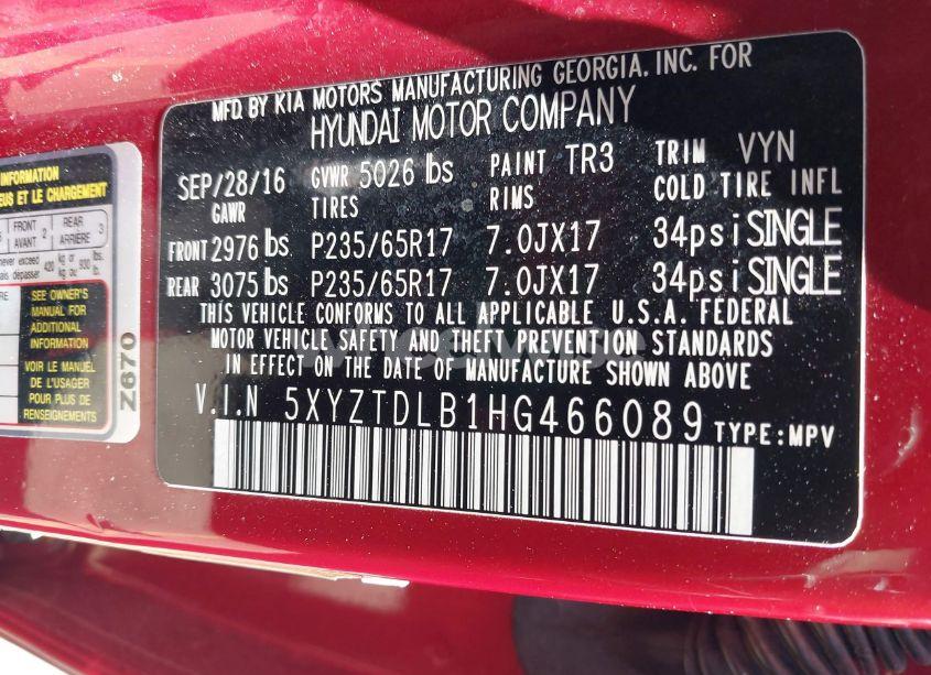 Photo 9 of 2017 Hyundai Santa FE SPORT 2.4L (VIN 5XYZTDLB1HG466089)