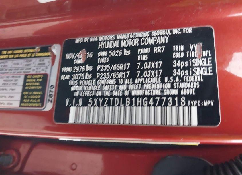 Photo 9 of 2017 Hyundai Santa FE SPORT 2.4L (VIN 5XYZTDLB1HG477318)