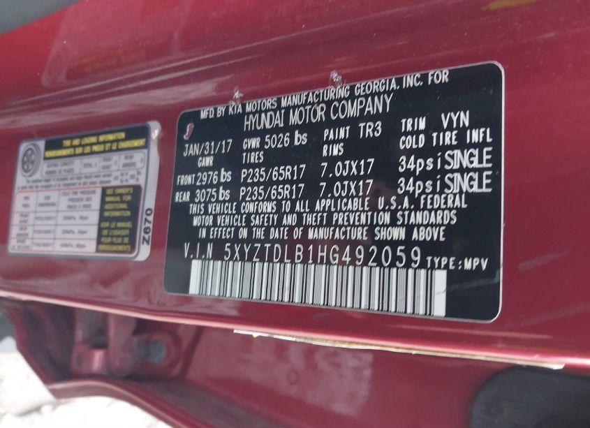 Photo 9 of 2017 Hyundai Santa FE SPORT 2.4L (VIN 5XYZTDLB1HG492059)