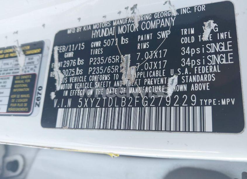 Photo 9 of 2015 Hyundai Santa FE SPORT 2.4L (VIN 5XYZTDLB2FG279229)