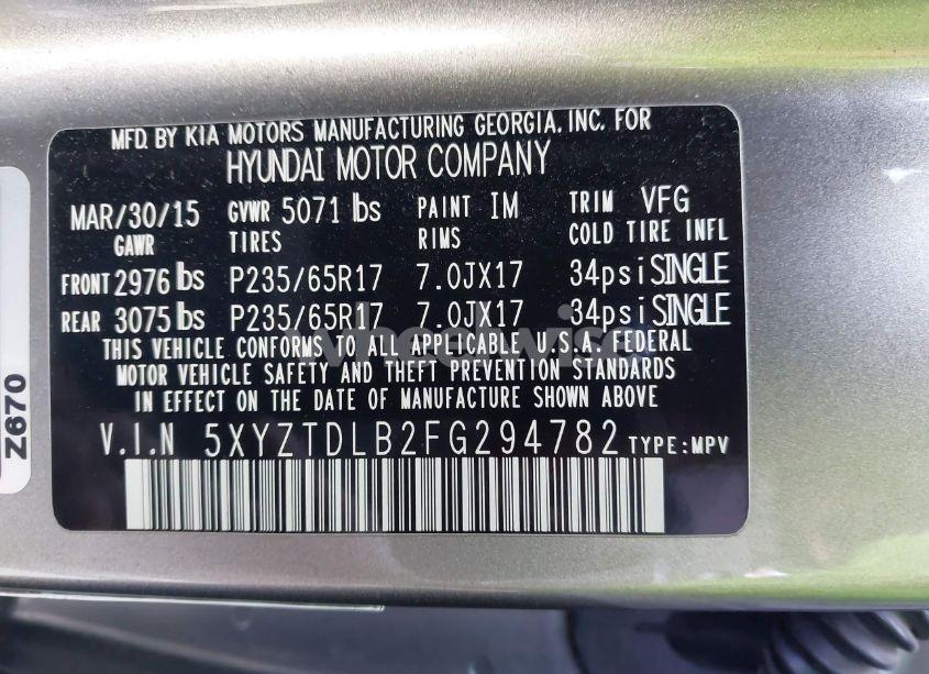 Photo 9 of 2015 Hyundai Santa FE SPORT 2.4L (VIN 5XYZTDLB2FG294782)