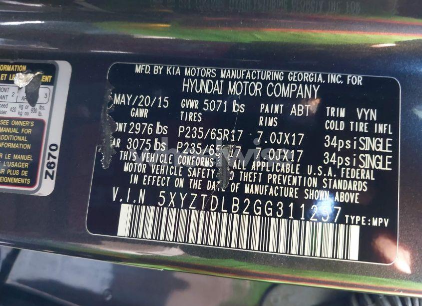 Photo 9 of 2016 Hyundai Santa FE SPORT 2.4L (VIN 5XYZTDLB2GG311257)