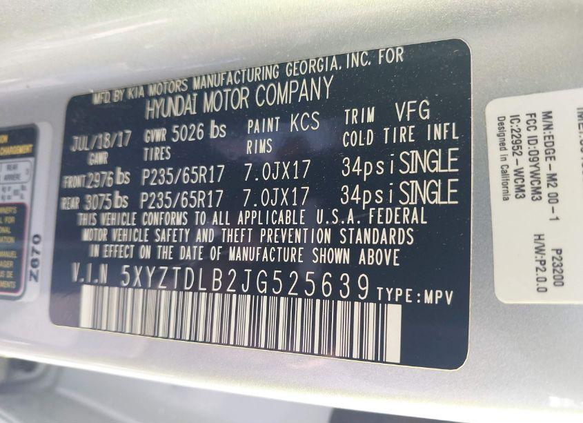 Photo 9 of 2018 Hyundai Santa FE SPORT 2.4L (VIN 5XYZTDLB2JG525639)