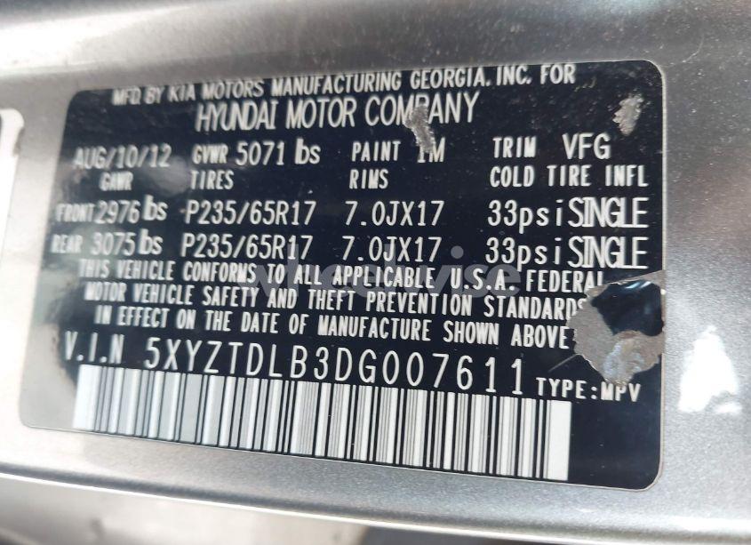 Photo 9 of 2013 Hyundai Santa FE SPORT (VIN 5XYZTDLB3DG007611)