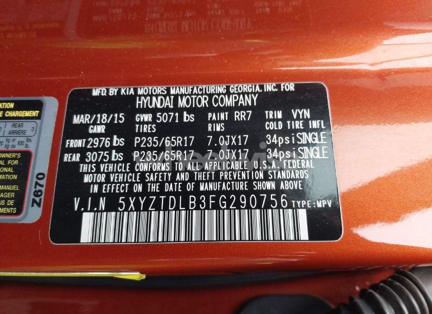 Photo 9 of 2015 Hyundai Santa FE SPORT 2.4L (VIN 5XYZTDLB3FG290756)