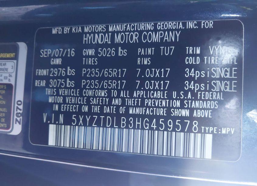 Photo 9 of 2017 Hyundai Santa FE SPORT 2.4L (VIN 5XYZTDLB3HG459578)