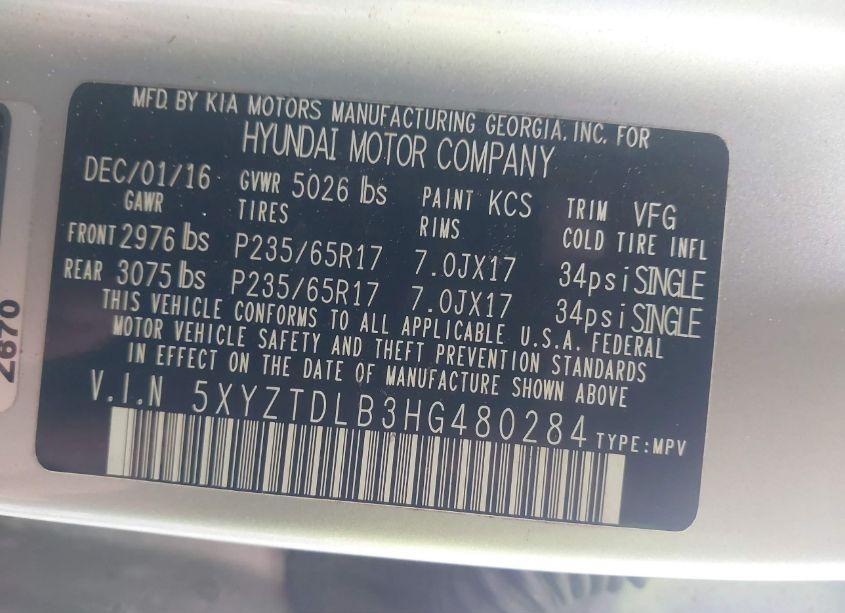 Photo 9 of 2017 Hyundai Santa FE SPORT 2.4L (VIN 5XYZTDLB3HG480284)