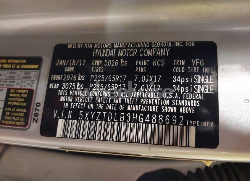 Photo 9 of 2017 Hyundai Santa FE SPORT 2.4L (VIN 5XYZTDLB3HG488692)