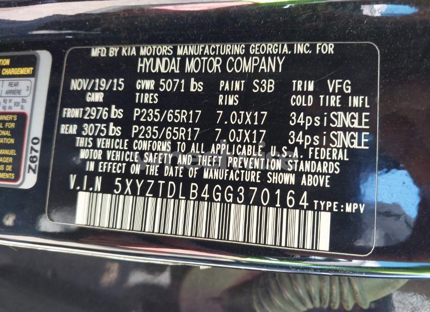 Photo 9 of 2016 Hyundai Santa FE SPORT 2.4L (VIN 5XYZTDLB4GG370164)