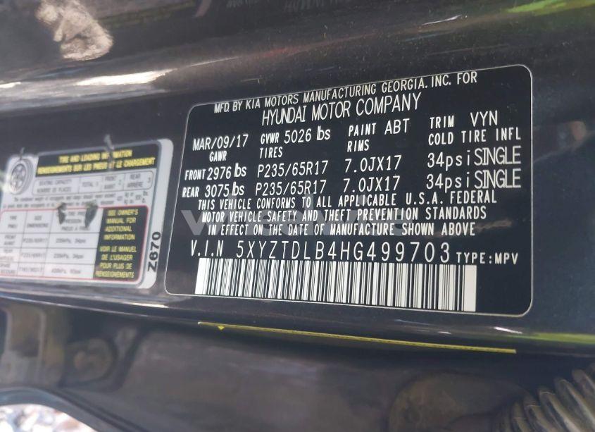 Photo 9 of 2017 Hyundai Santa FE SPORT 2.4L (VIN 5XYZTDLB4HG499703)