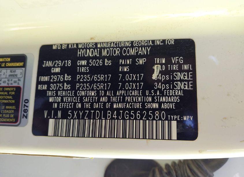 Photo 9 of 2018 Hyundai Santa FE SPORT 2.4L (VIN 5XYZTDLB4JG562580)