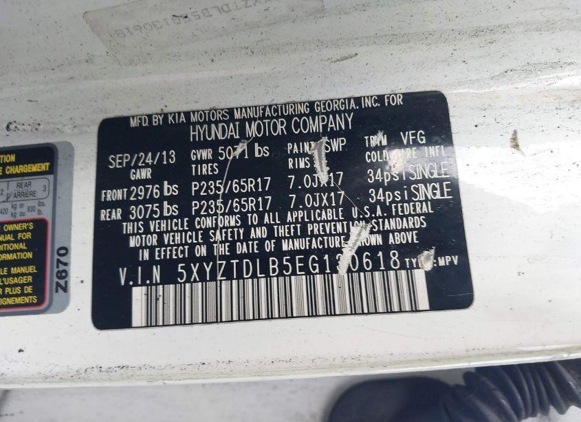 Photo 9 of 2014 Hyundai Santa FE SPORT 2.4L (VIN 5XYZTDLB5EG130618)