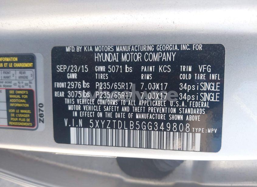 Photo 9 of 2016 Hyundai Santa FE SPORT 2.4L (VIN 5XYZTDLB5GG349808)