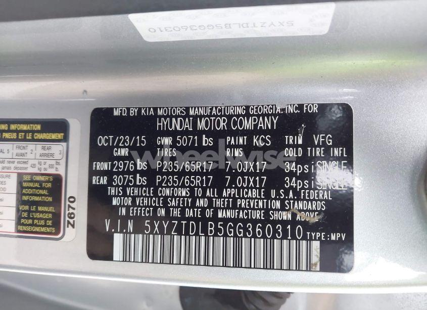 Photo 9 of 2016 Hyundai Santa FE SPORT 2.4L (VIN 5XYZTDLB5GG360310)