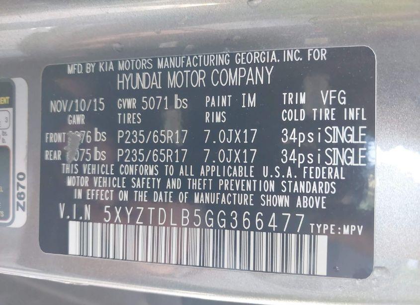 Photo 9 of 2016 Hyundai Santa FE SPORT 2.4L (VIN 5XYZTDLB5GG366477)