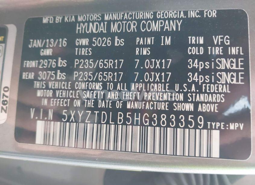 Photo 9 of 2017 Hyundai Santa FE SPORT 2.4L (VIN 5XYZTDLB5HG383359)