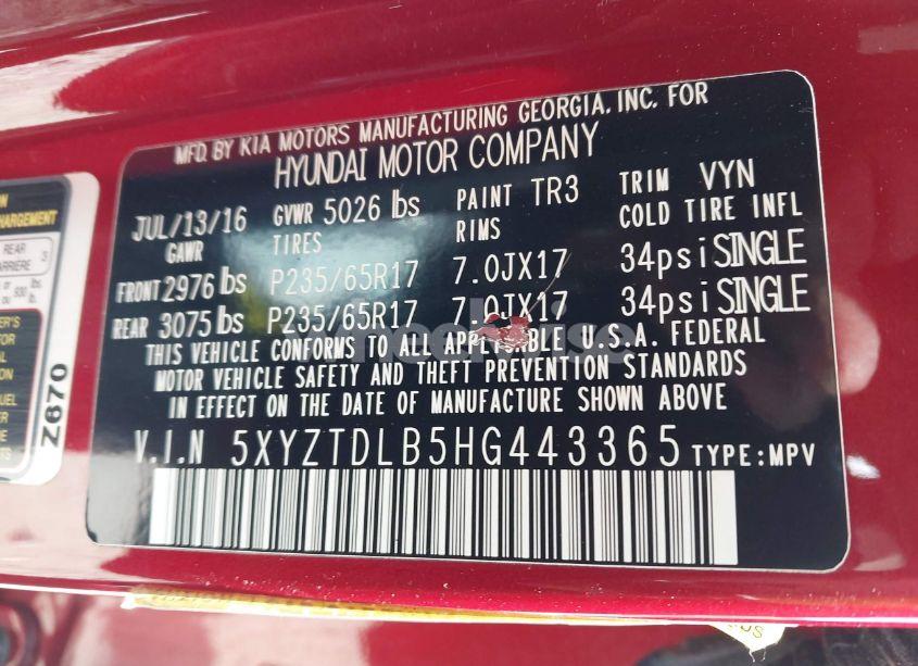 Photo 9 of 2017 Hyundai Santa FE SPORT 2.4L (VIN 5XYZTDLB5HG443365)