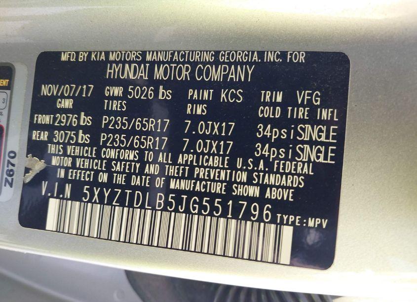 Photo 9 of 2018 Hyundai Santa FE SPORT 2.4L (VIN 5XYZTDLB5JG551796)