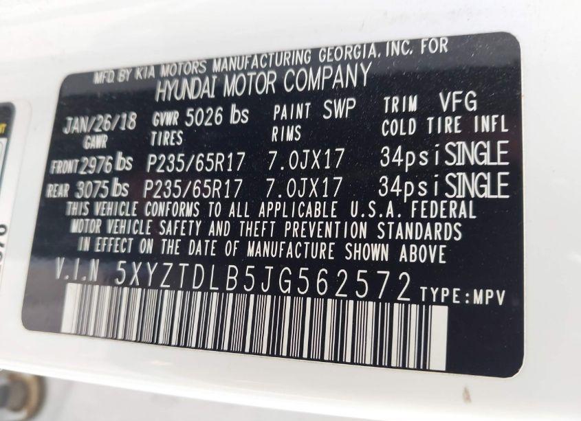 Photo 9 of 2018 Hyundai Santa FE SPORT 2.4L (VIN 5XYZTDLB5JG562572)