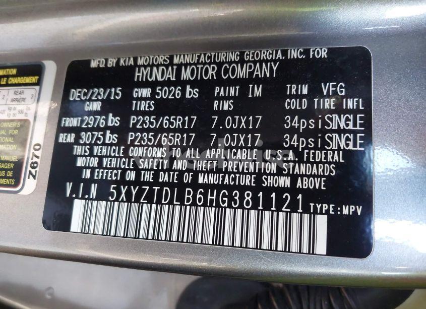 Photo 9 of 2017 Hyundai Santa FE SPORT 2.4L (VIN 5XYZTDLB6HG381121)