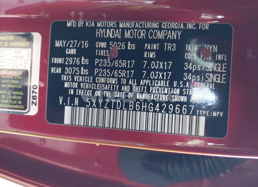 Photo 9 of 2017 Hyundai Santa FE SPORT 2.4L (VIN 5XYZTDLB6HG429667)