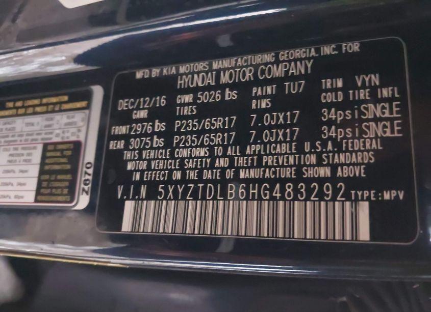 Photo 9 of 2017 Hyundai Santa FE SPORT 2.4L (VIN 5XYZTDLB6HG483292)