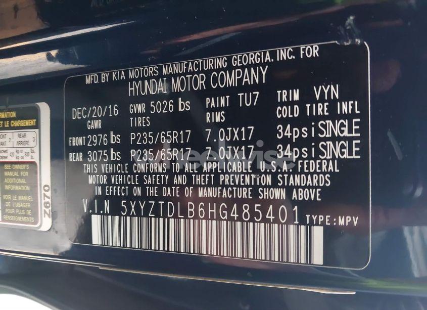 Photo 9 of 2017 Hyundai Santa FE SPORT 2.4L (VIN 5XYZTDLB6HG485401)