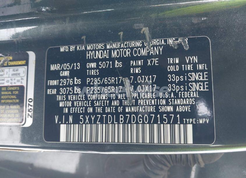 Photo 9 of 2013 Hyundai Santa FE SPORT (VIN 5XYZTDLB7DG071571)