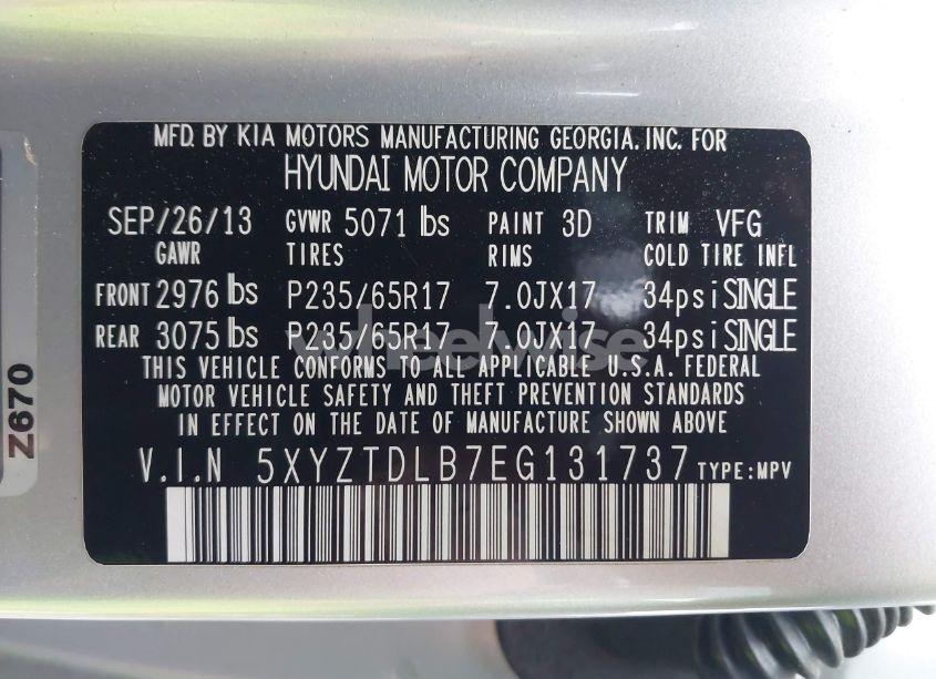 Photo 9 of 2014 Hyundai Santa FE SPORT 2.4L (VIN 5XYZTDLB7EG131737)