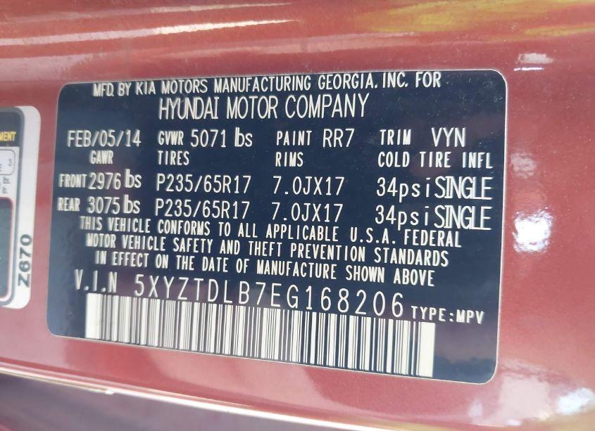 Photo 9 of 2014 Hyundai Santa FE SPORT 2.4L (VIN 5XYZTDLB7EG168206)