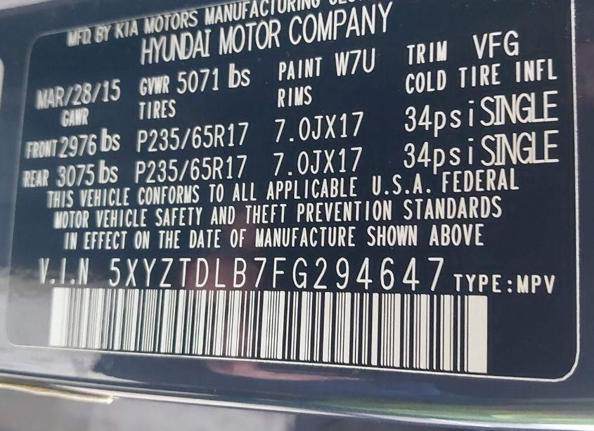 Photo 9 of 2015 Hyundai Santa FE SPORT 2.4L (VIN 5XYZTDLB7FG294647)